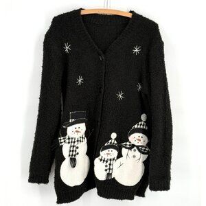 Vintage Black Snowman Cardigan Sweater Button-Up Large 40% Cotton 60%‎ Polyester